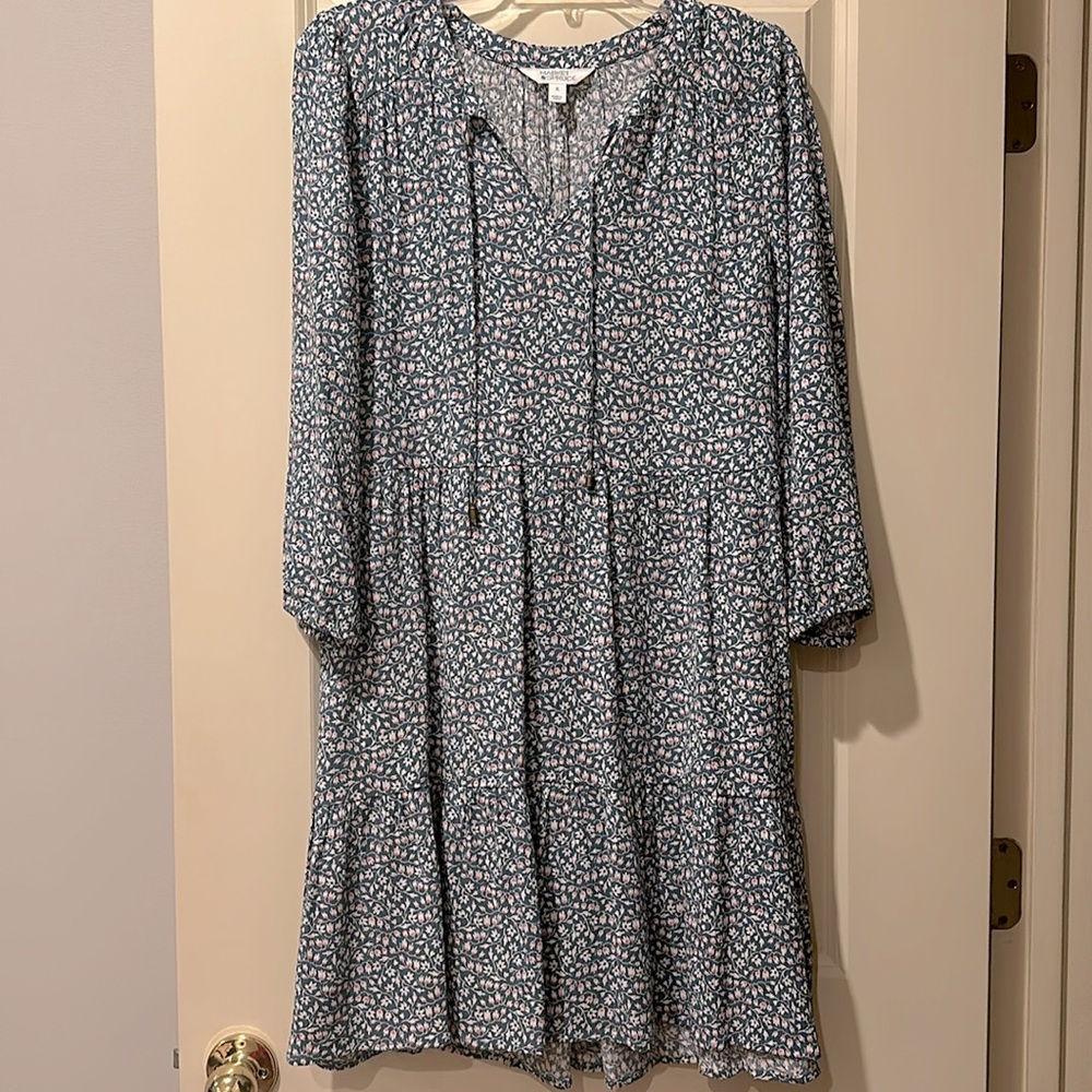 Market & Spruce Cassi Ruffle Neck Shift Dress - Teal Green - Size Medium